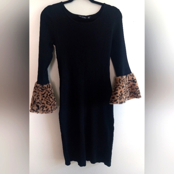 NINA Leonard Black Dress With Cheetah Bell Sleeves - Picture 1 of 4